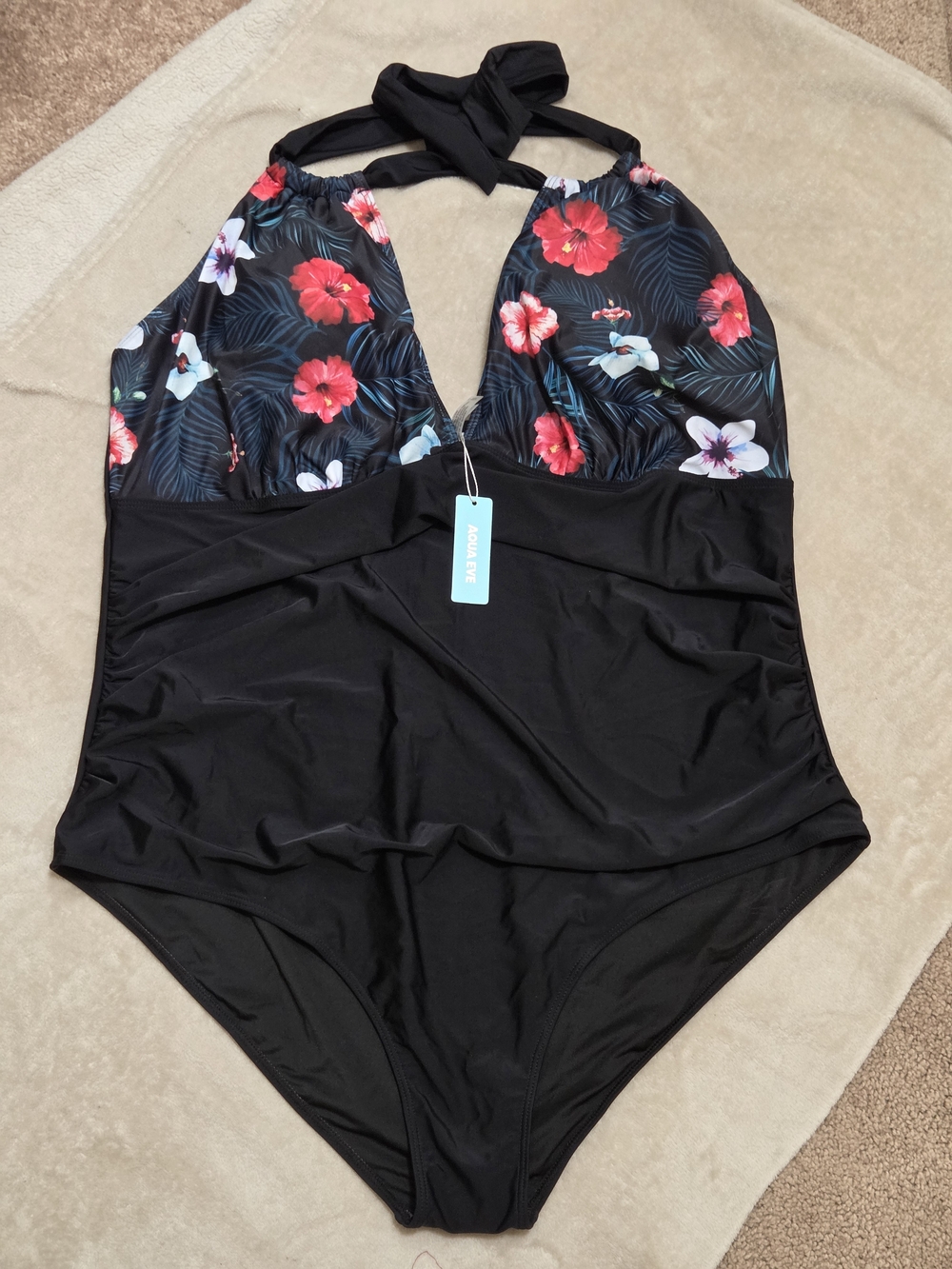 Aqua Eve One Piece Swimsuit 26W Plus Size Black Floral Tummy Control Halter